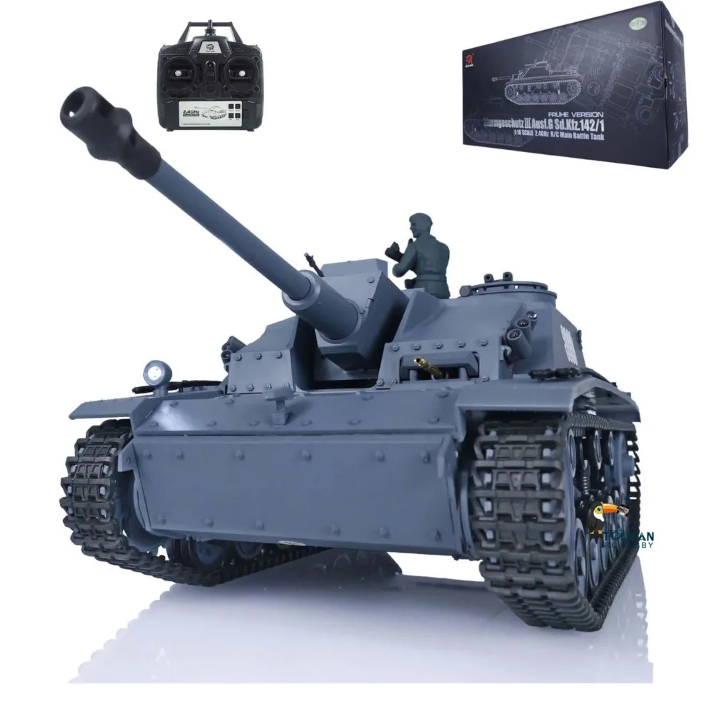 헹롱 RC 탱크 1/16 독일 스투그 3형 RTR 7.0 플라스틱 3868 기관총 연기 발사 원격 조종 군용 자동차 장난감 선물 모델