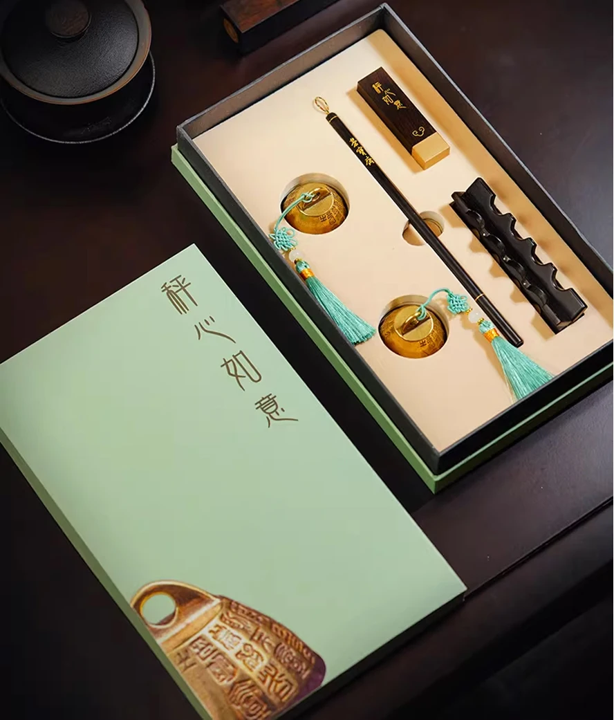

Premium Chinese Scholar's Gift Set | Art Creative Stationery in Brass (Brush, Paperweight, Seal, Rest) For Business & Collectors