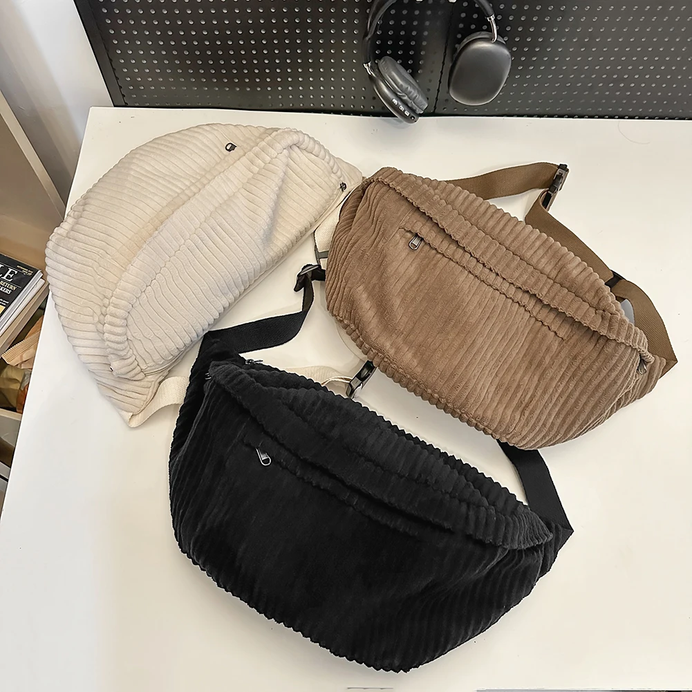 Corduroy Casual Sling Bag Solid Color Fashion Waist Bag Chest Bag Fanny Pack Adjustable Wide Strap Multi-pockets for Men Women