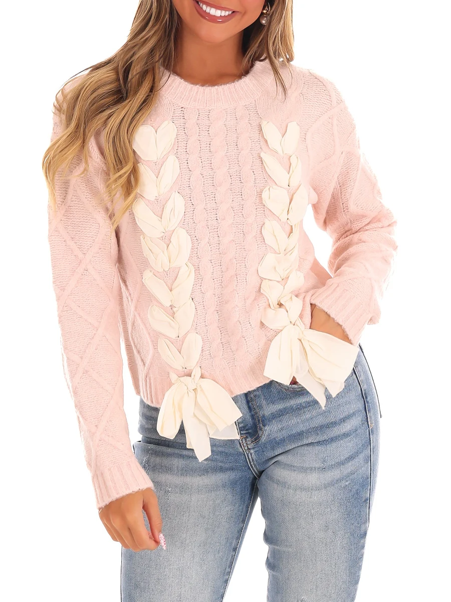 Y2k Bow Knot Knitted Sweater Women Cute Long Sleeve Crewneck Ribbed Crochet Knit Pullover Top Knitwear Pink