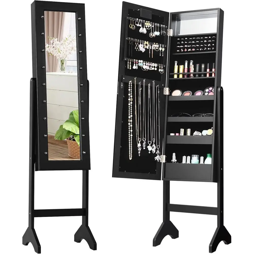 LED-lit Armoire with Mirror, Large Storage Cabinet for Bedroom or Living Room in Black