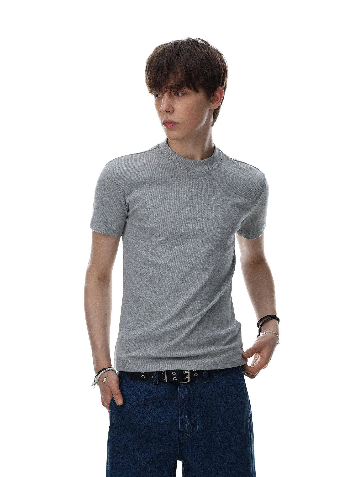 Cleanfit American Style Short Sleeve T-Shirt Unisex Slim Fit Half High Collar Versatile Commute Top Trendy Cotton Blend Skin-...