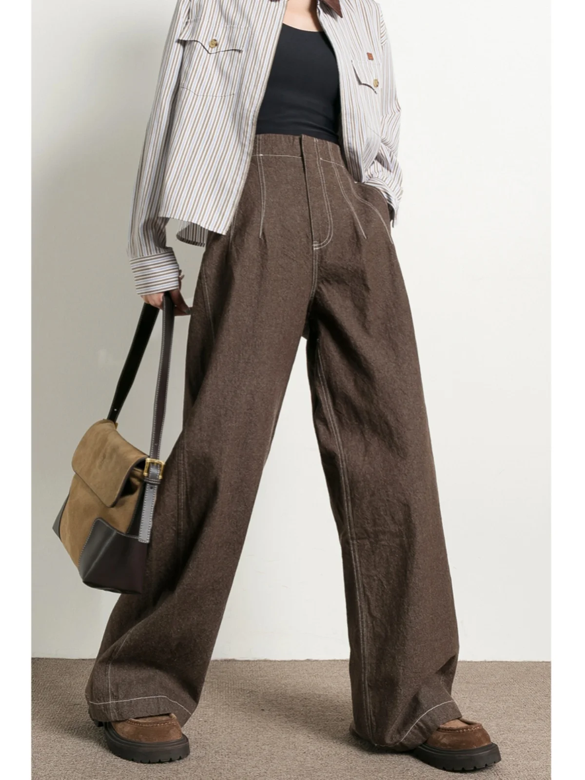 

High Waist Wide Leg Denim Jeans Women's Spring Autumn Style Coffee Color Retro Design Long Pants High And Taller Women