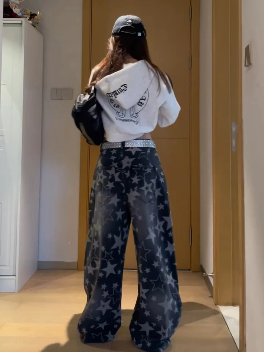 

Мужские джинсы American Sle Star с принтом, широкие штанины, осенние, свободного кроя, для танцев и спорта, с высокой талией, на молнии, повседневные брюки