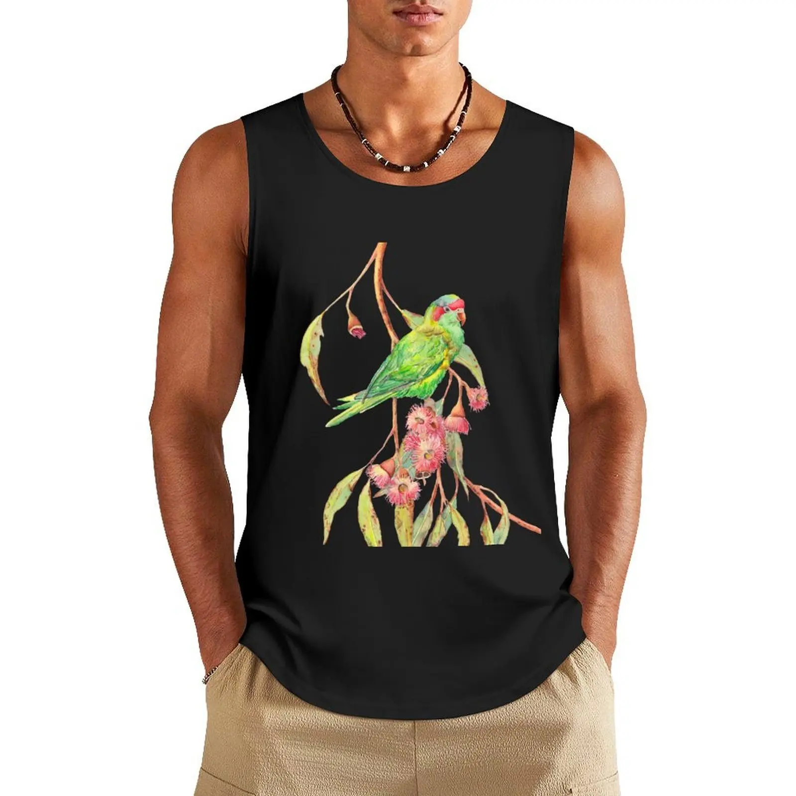 

Musk Lorikeet and eucalyptus branch watercolour painting Tank Top Sports shirt man Men's clothing fitness bodybuilding men
