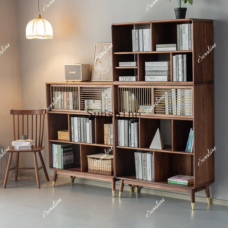 solid wood black walnut bookshelf Nordic simple modern shelf combination multi-layer wood wax oil environmental protection  FT