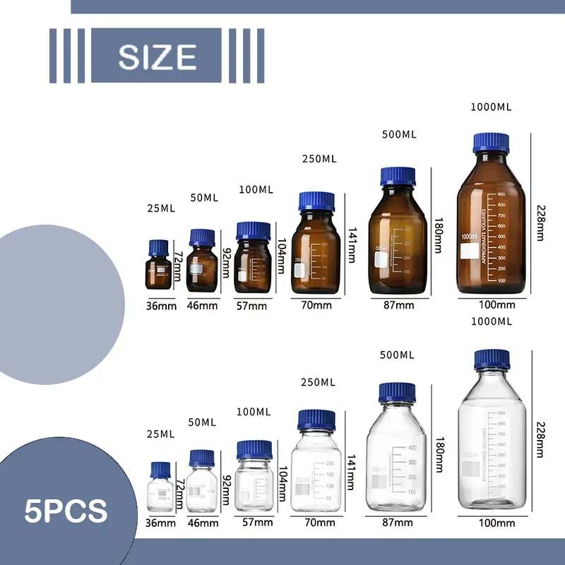 5pcs 25-1000ml Empty Non-High Borosilicon Glass Media Storage Bottles with Blue GL45 Screw Caps for Lab Mixtures Reagent Liquids