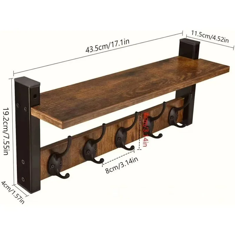 رف حائط عائم مع خطافات معطف مثبت على الحائط بما في ذلك 5 رفوف خطافات شديدة التحمل