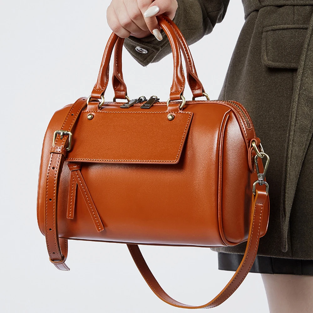 Bolso Boston retro de cuero genuino para mujer, bolso de moda tipo almohada, bolso bandolera para mujer, bolso casual a la moda.