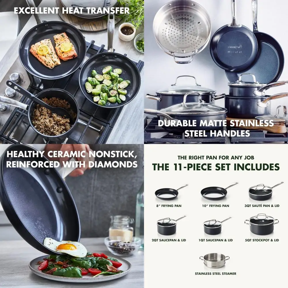

Коллекция GreenPan Chatham Black Prime Midnight: набор полезной керамической посуды с антипригарным покрытием из 11 предметов, можно мыть в посудомоечной машине без PFAS