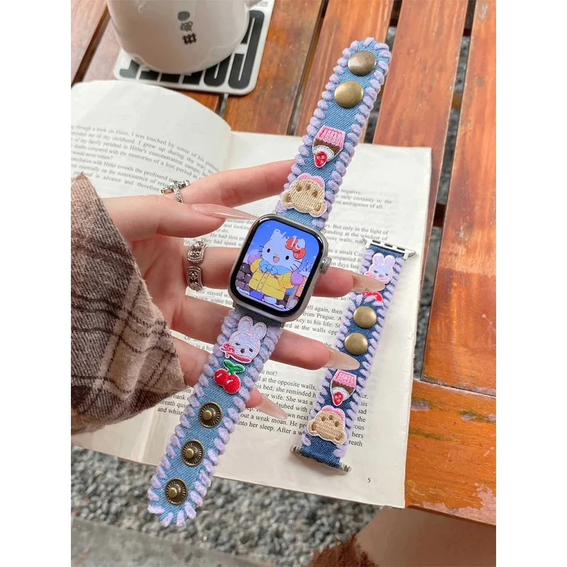 

Кожаный ремешок с милым медведем для iWatch Ultra 10 9 8 7 6 5 SE 4 Джинсовый браслет для девочек Ремешок для Apple Watch 38 мм 41 мм 42 45 мм 46 мм 49 мм