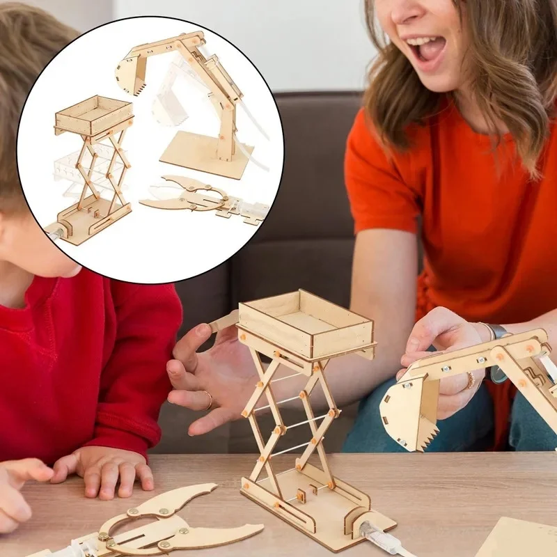 Wooden DIY physical science experimental platform excavator children\'s puzzle toy hydraulic arm engineering model education gift