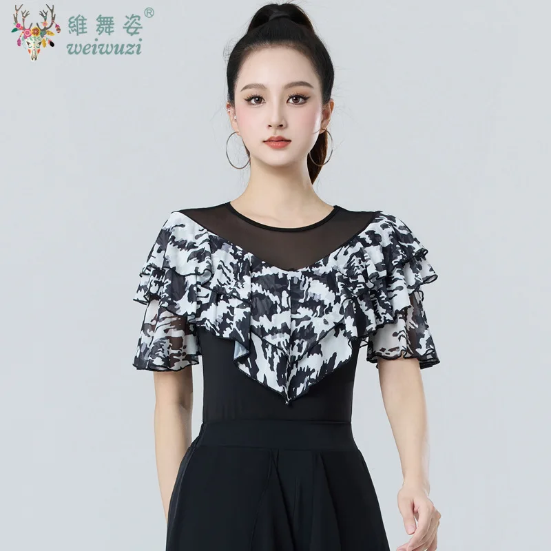Latin Dance Top Female Adult Mesh Printing Medium Sleeve Modern Dance National Ballroom Dance Practice Performance Wear Summer