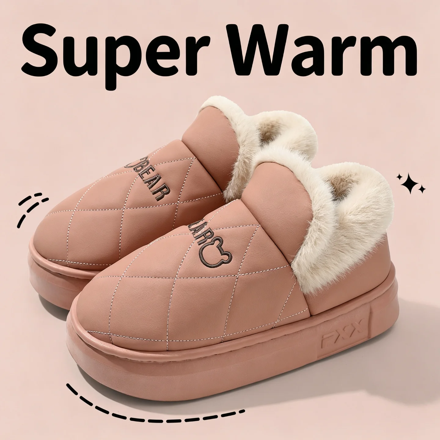 Winter Wasserdichte Hausschuhe für Damen und Herren, Warme Plüsch-Hausschuhe mit Dicker Sohle, Bären-Stickerei, Rutschfeste Indoor-Baumwoll-Fell-Schuhe – Detail 1