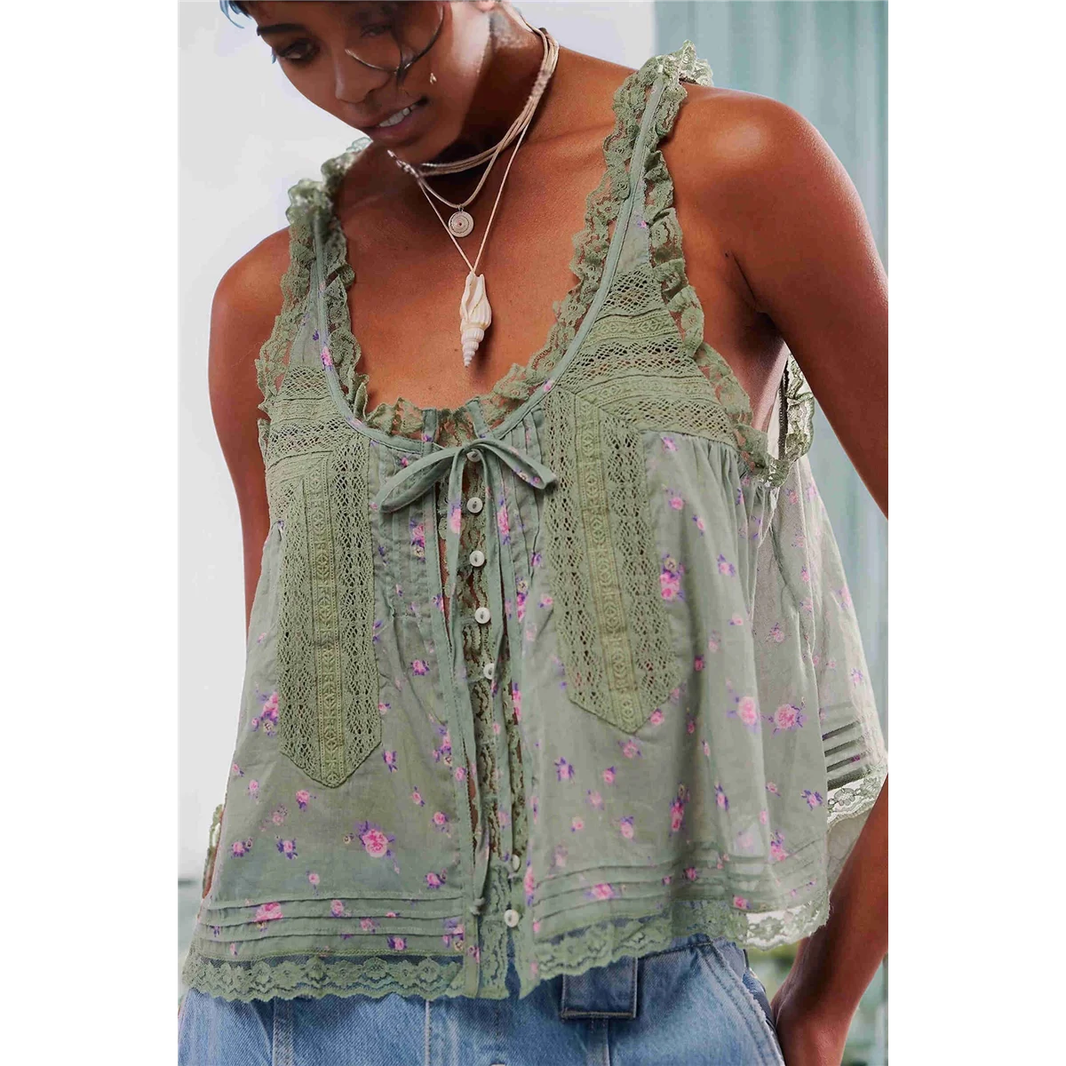 ABQR Women Summer Boho Tie Front Tops Lace Beach Button Down Tank Sleeveless Mesh Chiffon Crop Tops Y2k 2025 Green S