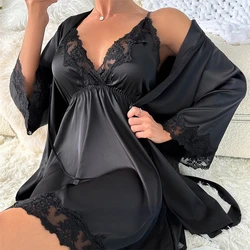 V-Neck Nighty&robe Set Sexy Lace Edge Kimono Bathrobe Nightgown Women Casual Homewear Sexy Lingerie Sling Sleepwear Loungewear