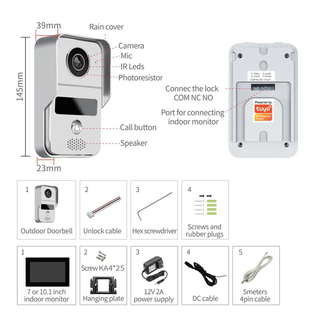 Tuya Smart Wifi Video Doorbell Home Intercom Phone 1080P RFID Wireless Door Viewer Camera Intercom 7 inch Screen Motion Record