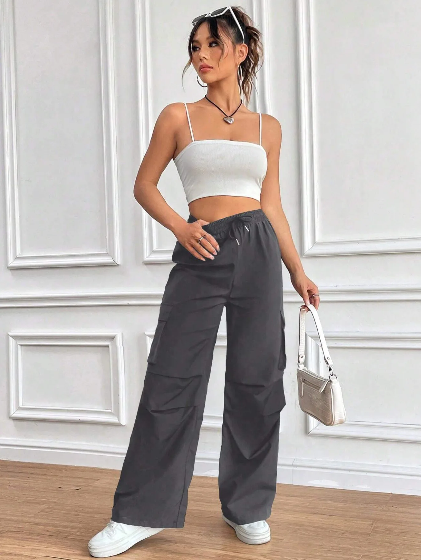 Pantalones llamativos Pantalones de gran tamaño con cintura ultraalta, pantalones de utilidad de carga con múltiples bolsillos, pantalones relajados transpirables informales