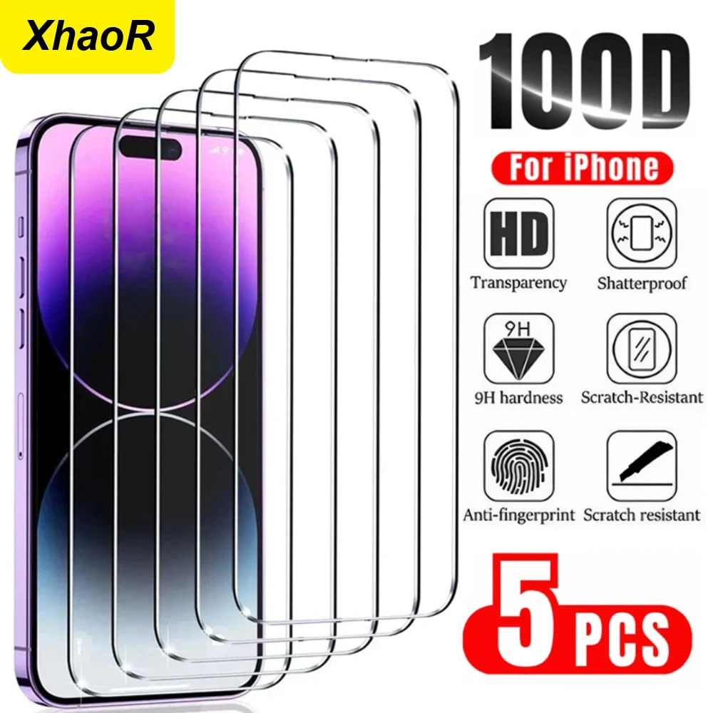 5Pcs Tempered Glass For iPhone 15 Pro Max Screen Protector For iPhone 14 13 12 Pro Max Full Cover Protective Shatterproof Glass