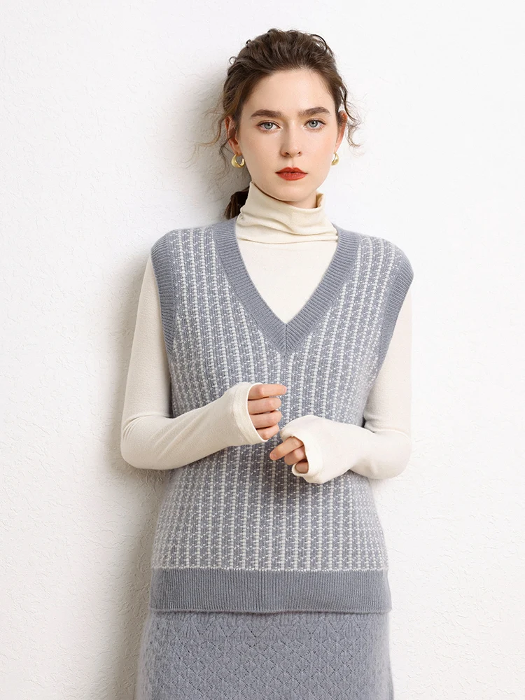 Women Flower Grid Vest 100% Cashmere Sleeveless Sweater V-neck Pullover Office Lady Knitted Clothing Tops High Quality Waistcoat