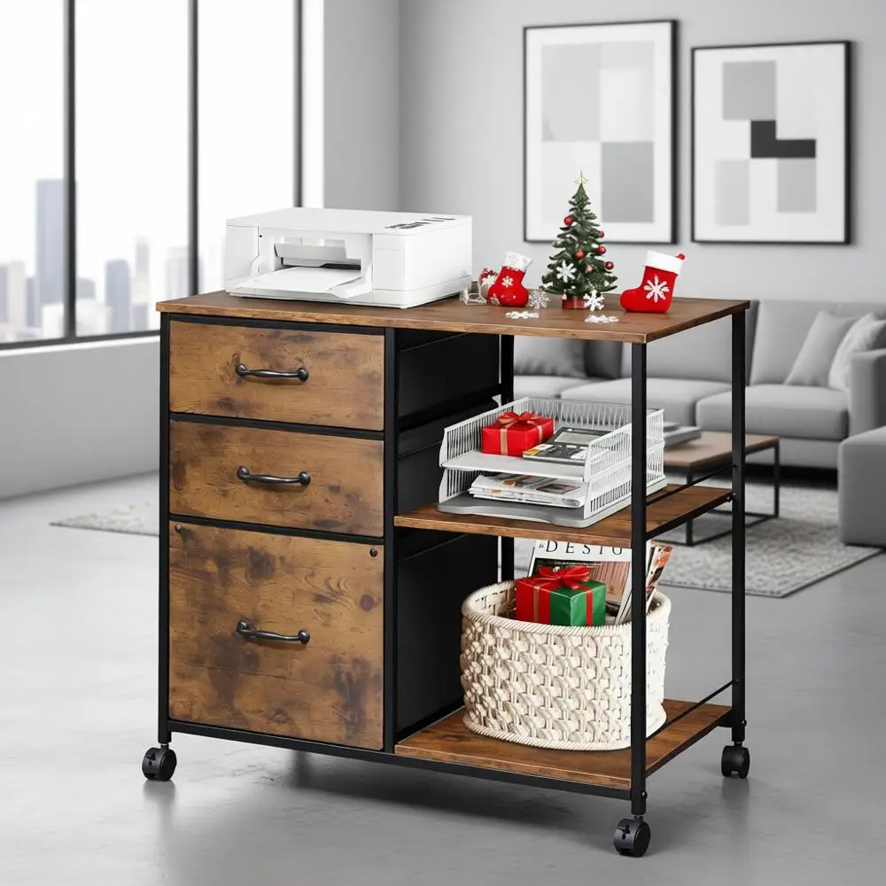 

Rustic Brown Rolling Printer Stand with Open Storage Shelf for A4/Letter Size Home Office
