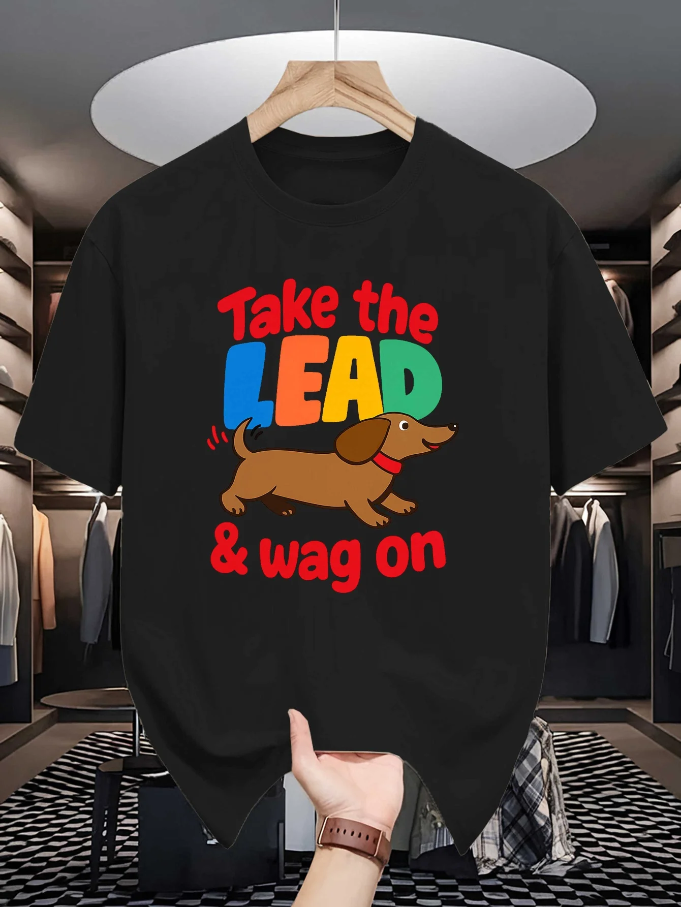 Mens Dachshund Dog Graphic Tee Take The Lead Slogan Print O Neck Short Sleeve Cotton Tops Casual Street Wear For Pet Lovers