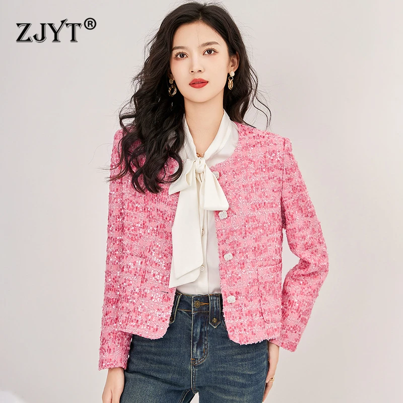 

ZJYT Elegant Sequined Tweed Woolen Jacket Women 2024 Fashion Autumn Winter Coats Female Sweet Pink Party Outerwear Veste Femme