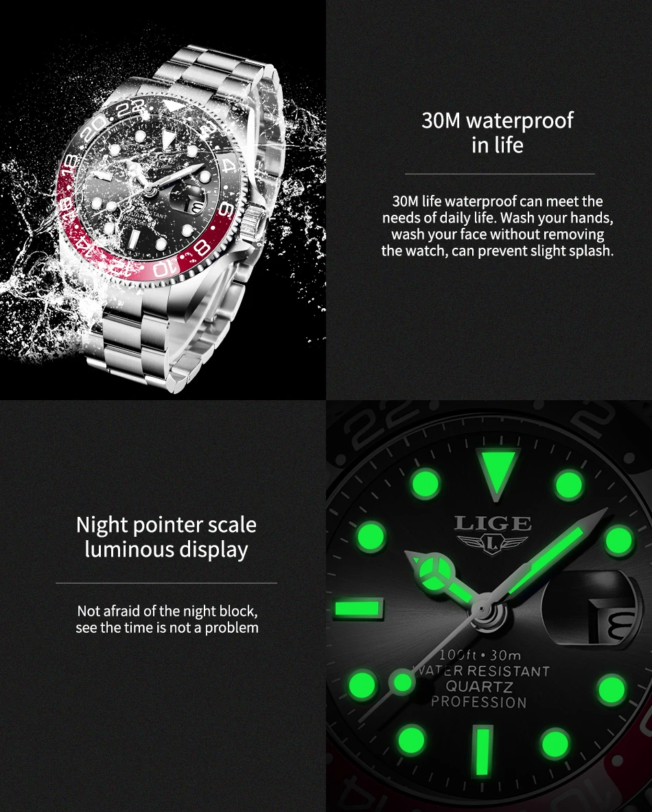 LIGE Top-Marke Mode Herrenuhr Business Luxus Quarz-Armbanduhren Leuchtend Wasserdicht Stahl Sportuhren Herren Geschenke Reloj – Detail 14