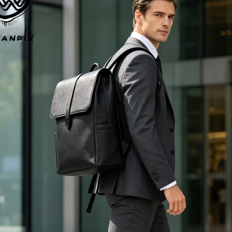 Nueva mochila de cuero genuino para hombre, de diseño moderno y ligera, con cierre de cremallera y hebilla, hecha de piel de vaca, ideal para llevar el ordenador, como mochila escolar o para uso diario.