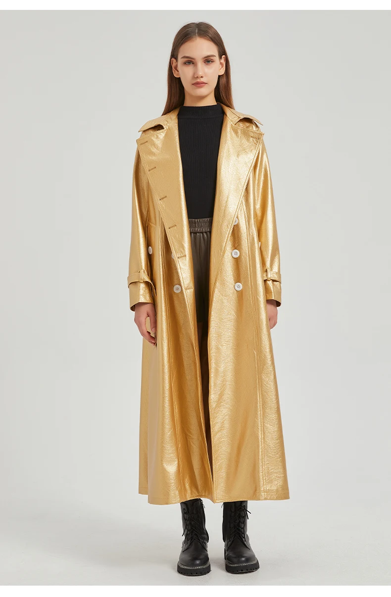 Lautaro Spring Autumn Extra Long Gold Shiny Pu Leather Trench Coat for Women Sashes Double Breasted Luxury Europe Fashion 2024
