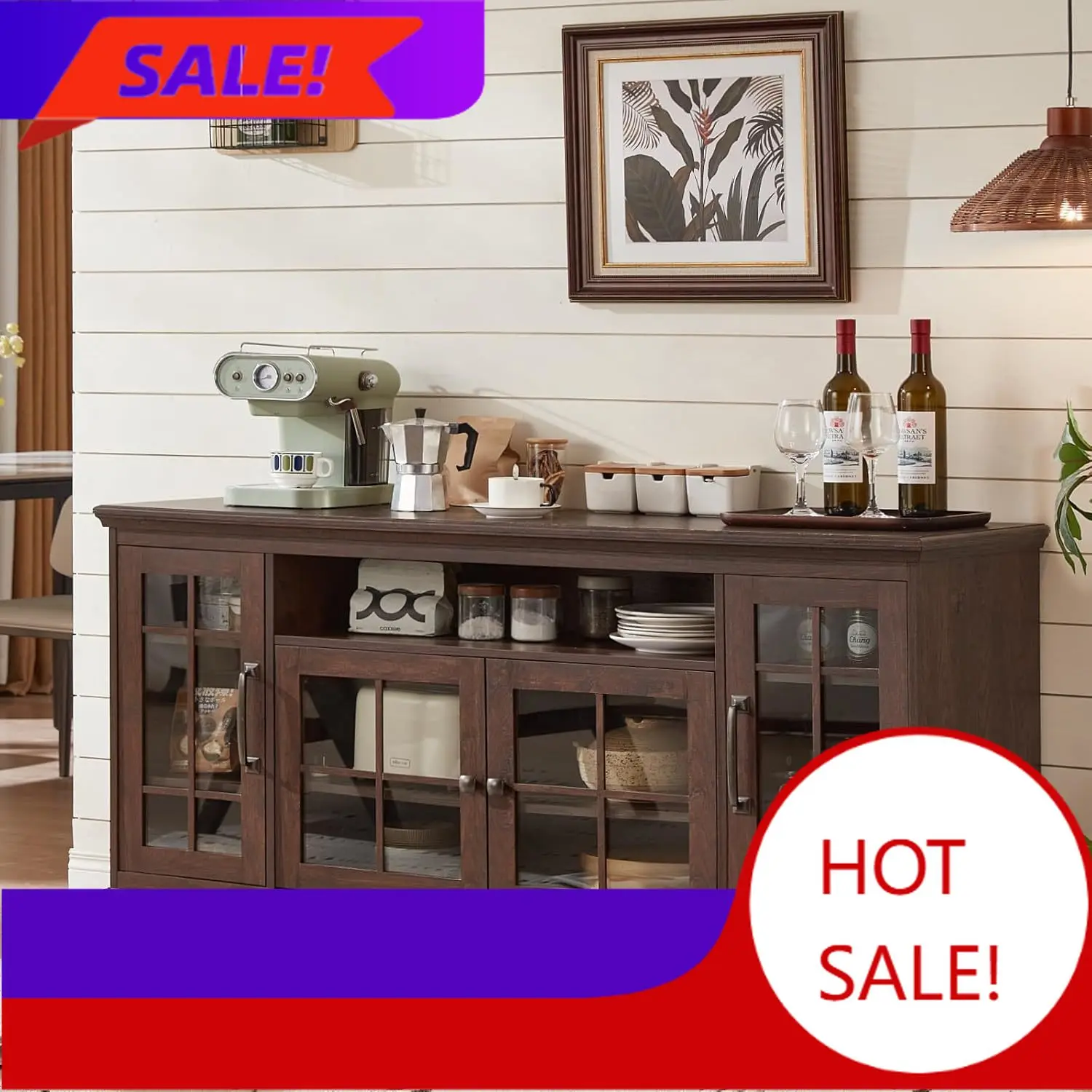 

Большой буфет-сервант с местами для хранения, винтажный, из орехового дерева, в стиле фермерского дома, шириной 60 дюймов, с стеклянными дверцами и деревянными элементами.