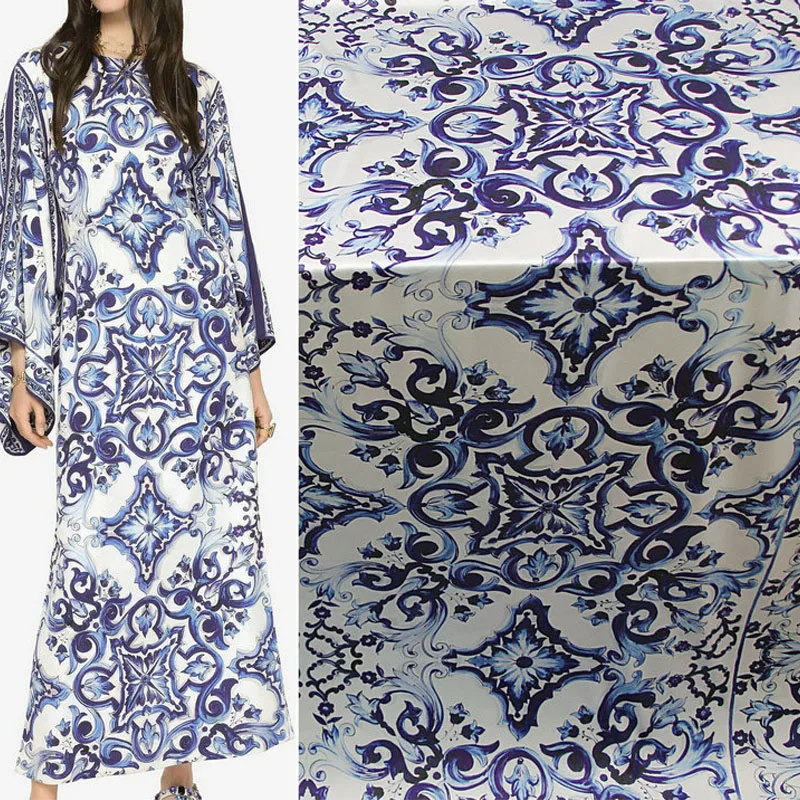 Europe And America Blue And White Porcelain Printed Imitate Silk Satin Fabric For Women Dress Blouse Handmade DIY Cloth Sewing