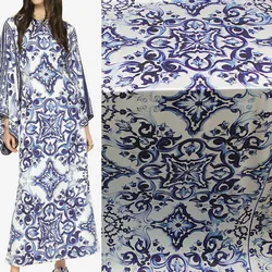 Europe And America Blue And White Porcelain Printed Imitate Silk Satin Fabric For Women Dress Blouse Handmade DIY Cloth Sewing