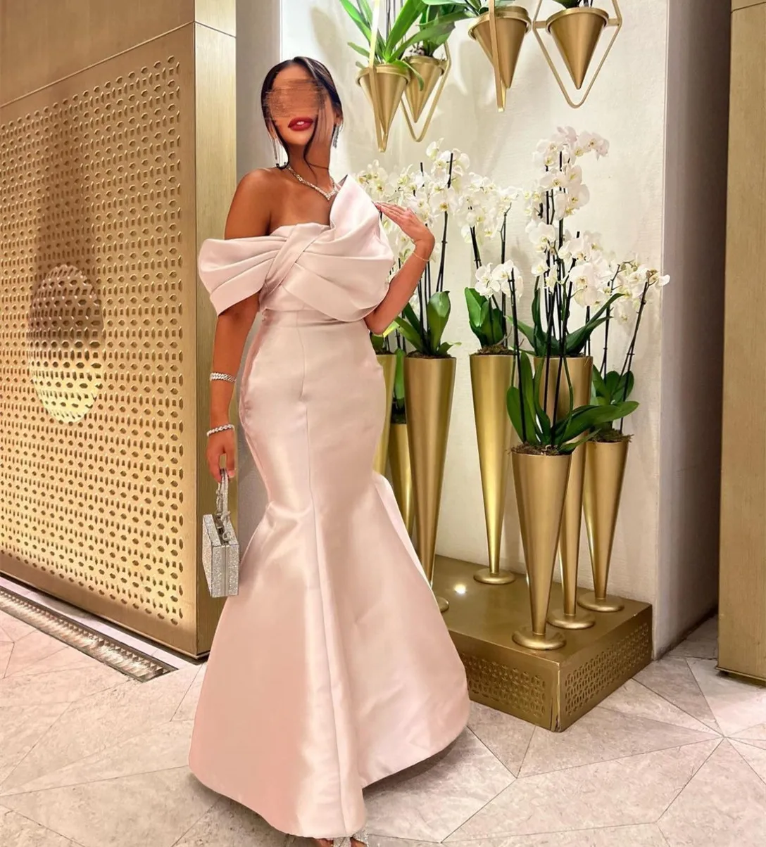 

Customized Long Pleated Satin Evening Dresses Mermaid Off Shoulder Zipper Back Floor Length Prom Dresses for Women