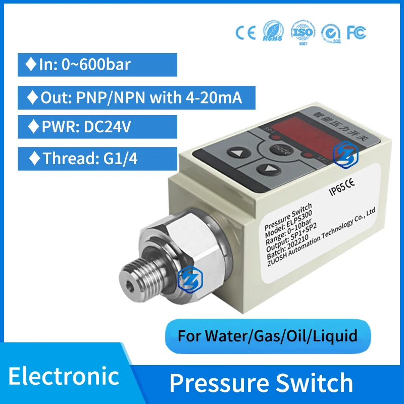 Industrial Intelligent Water Pump Pressure Switch PNP NPN+4-20mA 0-600bar 2 Relays Digital Pressure Switch Hydraulic Controller