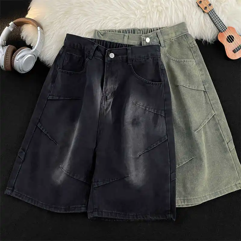 

American High Street Wide Leg Jeans orts Men's Retro Trendy Faded Design Sensation Five Straight Tube Mid-Pants