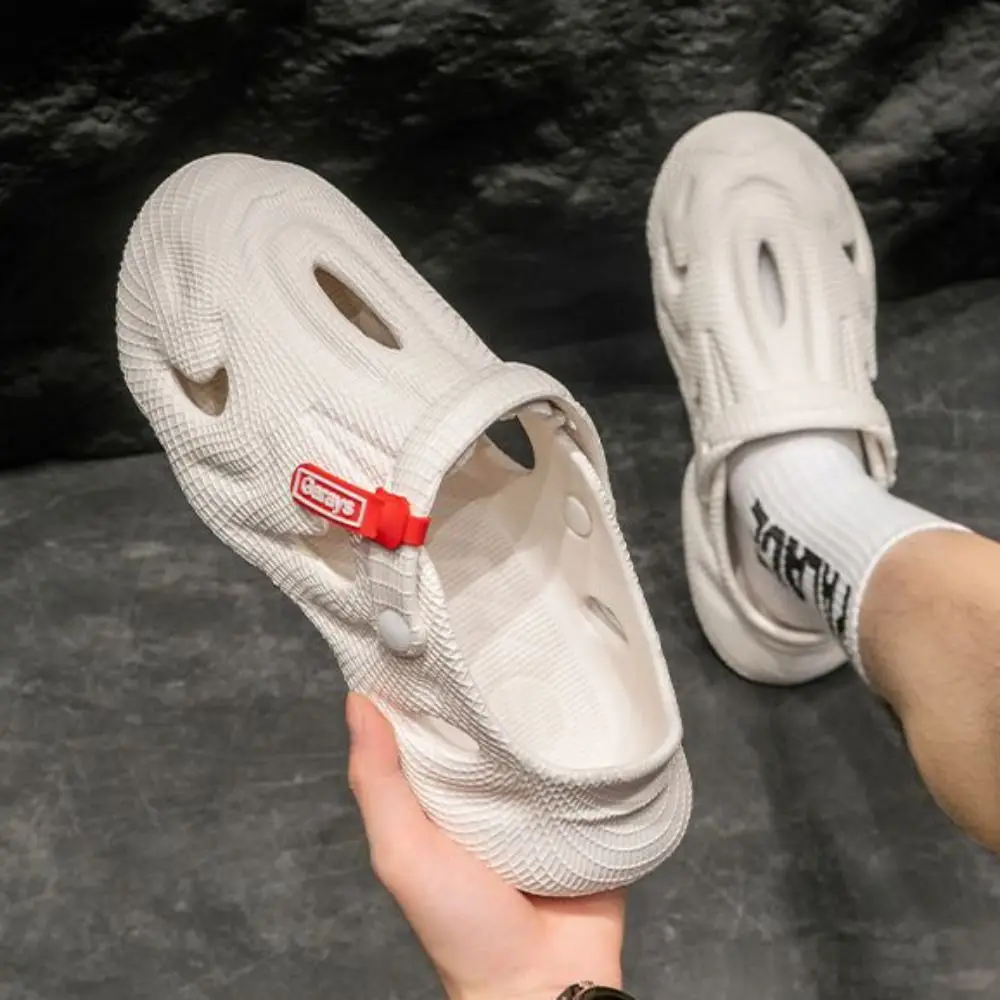 

Comfortable Solid Color Slipper Men Textured Anti-slip Bow-toe Sandals Thick Soled Slippers Casual Hollow Slippers Indoor