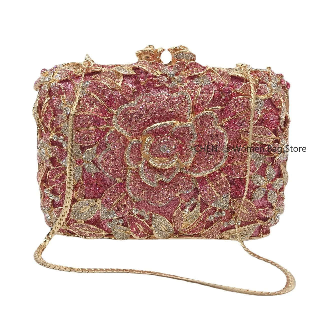 

Rose Gold Rhinestone Flower Clutch Purse Crystal Luxury Designer Women's Dinner Party Handbags Unique Diamond Wedding Evening Ba