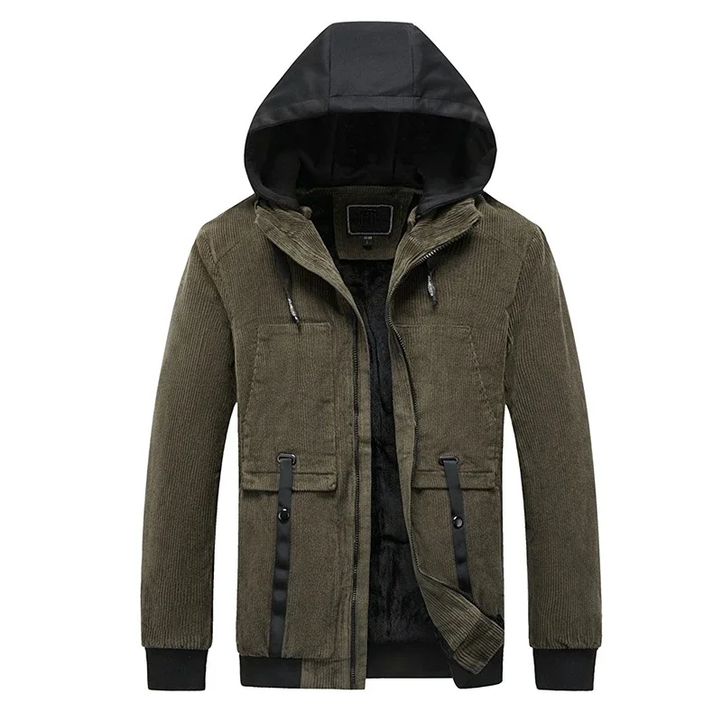 

Autumn Winter Green Work Jacket Men Corduroy Cotton Thick Velvet Hooded Jackets Oversize Boys Long Sleeve Zip Up Coat 3xl