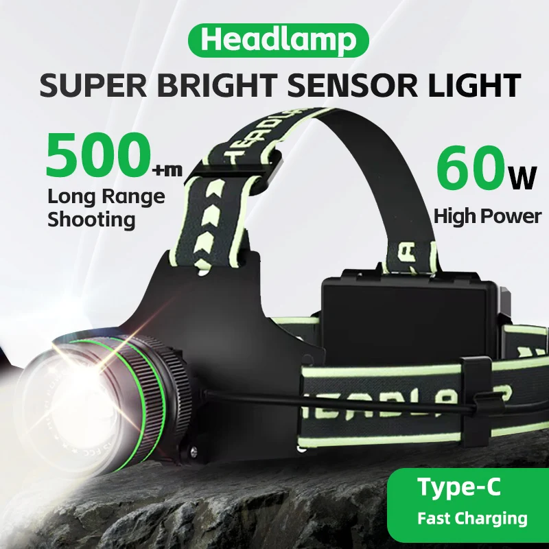 High power headlight, long-distance rechargeable, strong light headllamp flashlight with USB charging light, 18650 camping and f
