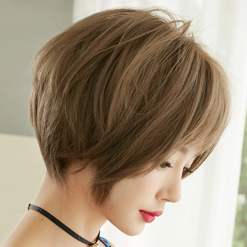 32CM Wig Woman Short Bob Hair Air Bangs Brown Full Head Cover Short Broken Hair Natural Simulation Chemical Fiber Hair Party Wig