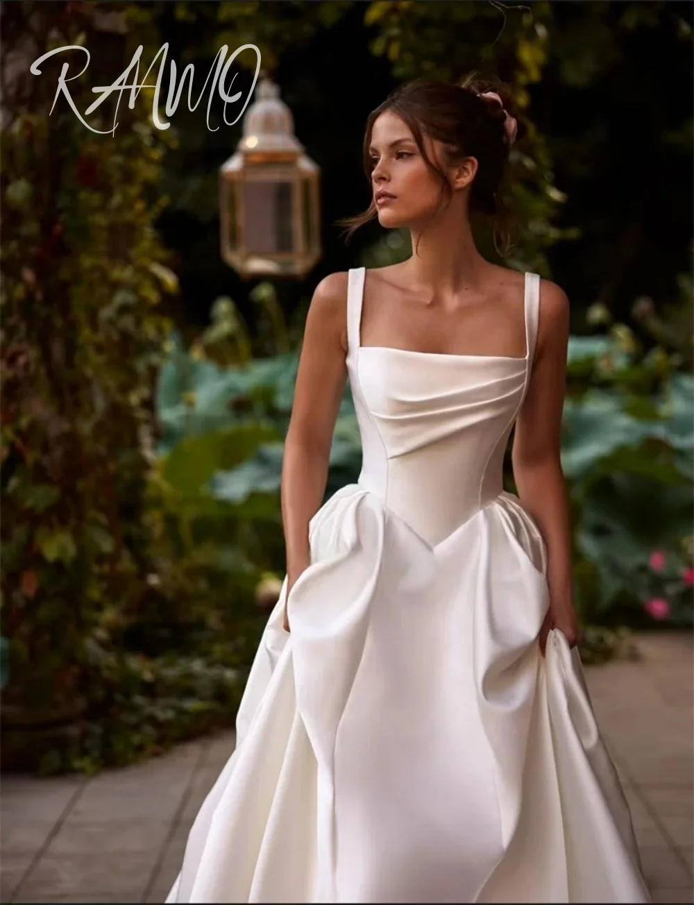 Ranmo رشيقة الساتان فساتين الزفاف المرأة ألف خط زي العرائس قارب الرقبة بلا أكمام سويب تراين مخصص Vestidos De Novia