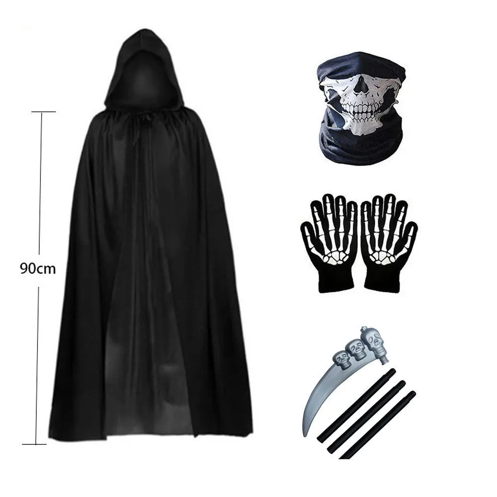 Halloween Sensenmann Cosplay Umhang-Set Hexen-Umhang in Schwarz mit Sensen-Requisit Geister-Party Bühnenkostüm Requisiten – Detail 2