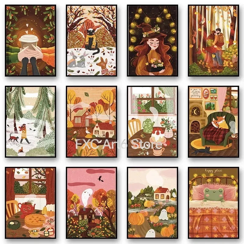 1PCS Frameless Modern Autumn Lovers Pumpkin Winter Forest Illustration Poster and Prints Canvas Printing Wall Art Picture for Li