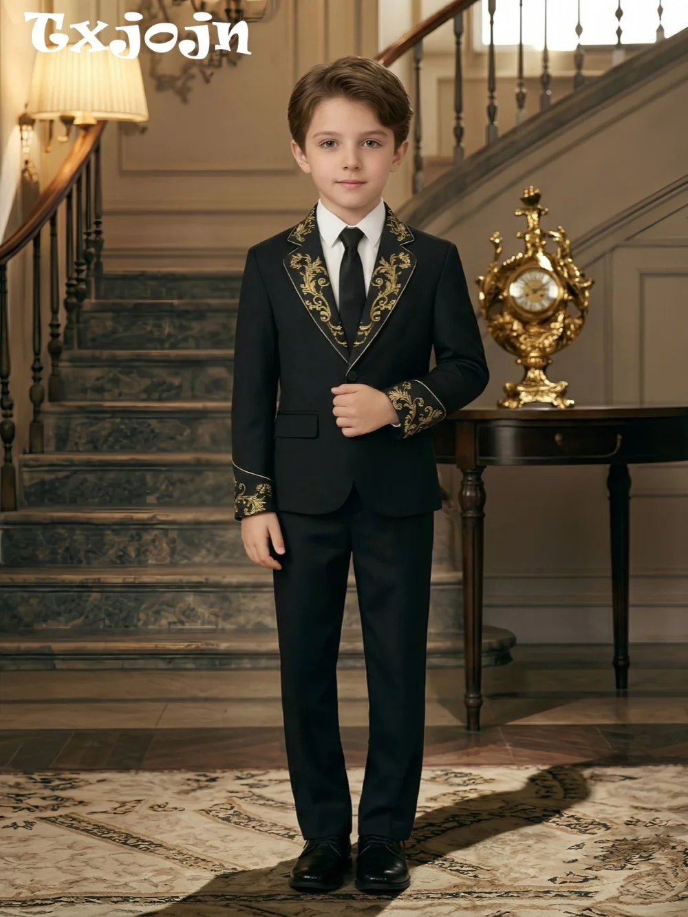 

Golden Jacquard Suit Set 3 Pieces Jacket Pant Tie For Birthday Party Class Smart Kids Slim Fit Tuxedo Piano Performance Wear