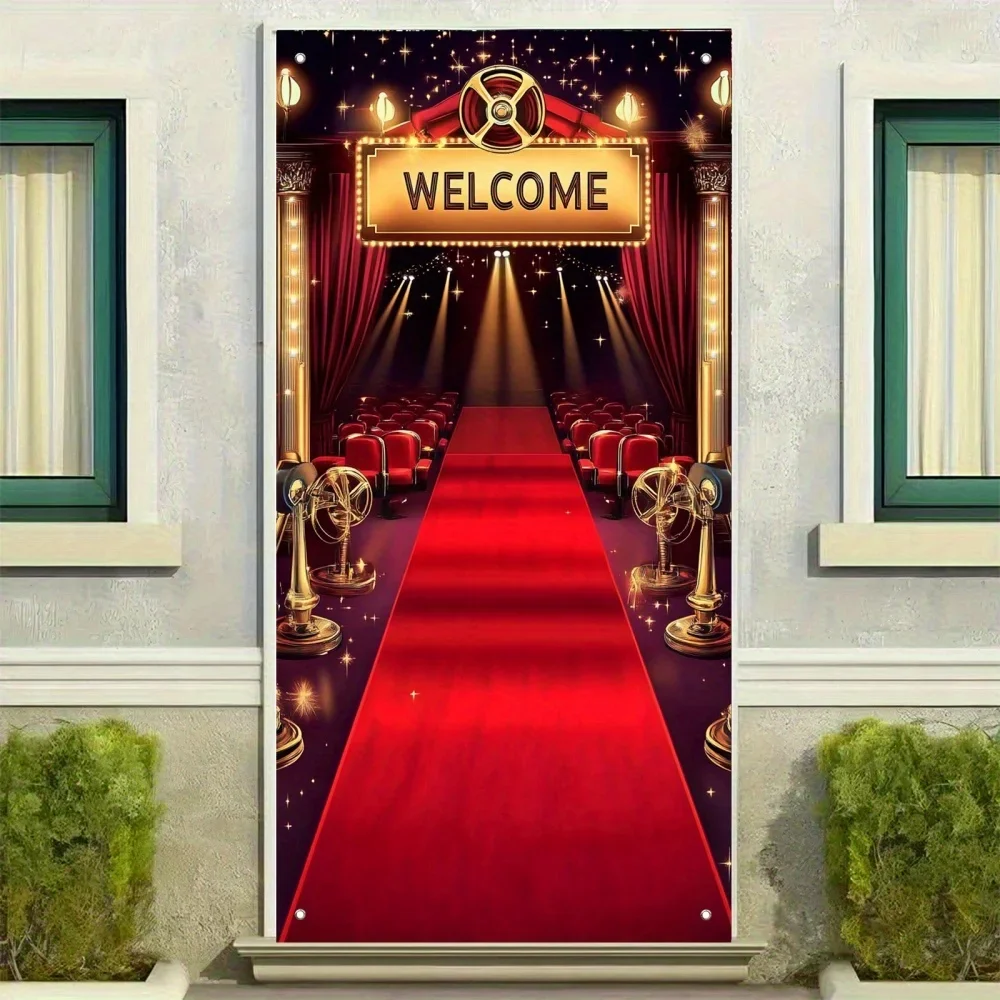 Die Willkommensparty der Filmnacht verfügt über einen roten Teppich, eine goldene Oscar-Statue und einen „Welcome“-Slogan – Handwerker