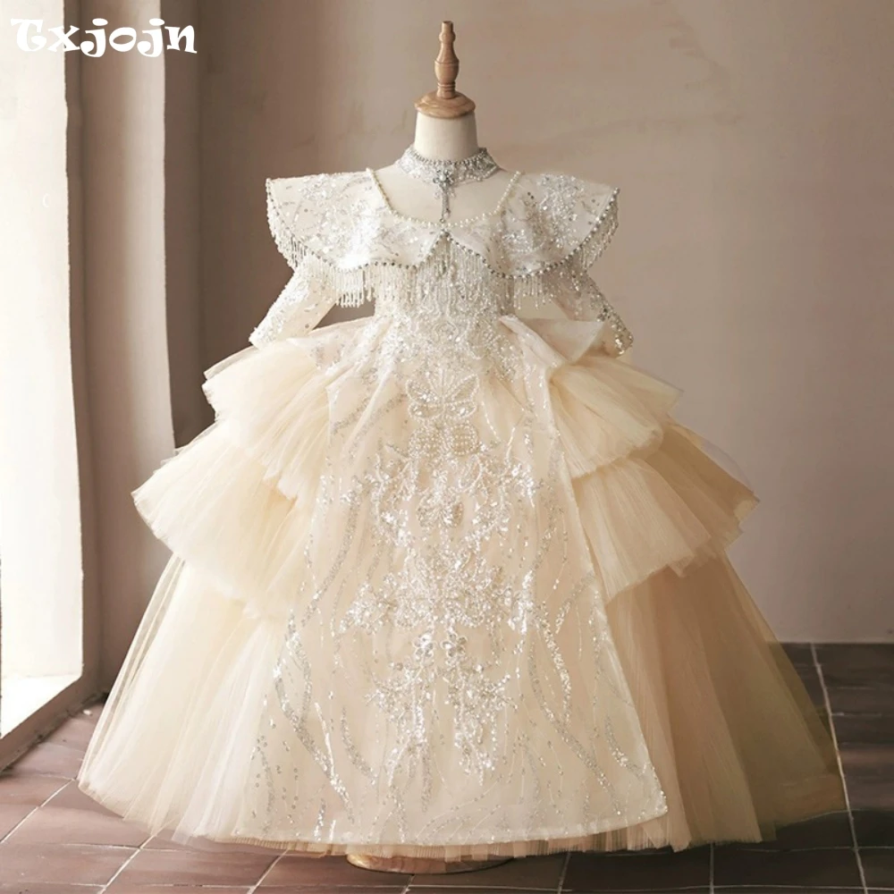 

Luxury Embroidery Beads Ball Gown For Birthday Party Glitter Sequins Tassel Flower Girls Dresses For Wedding Piano Contest