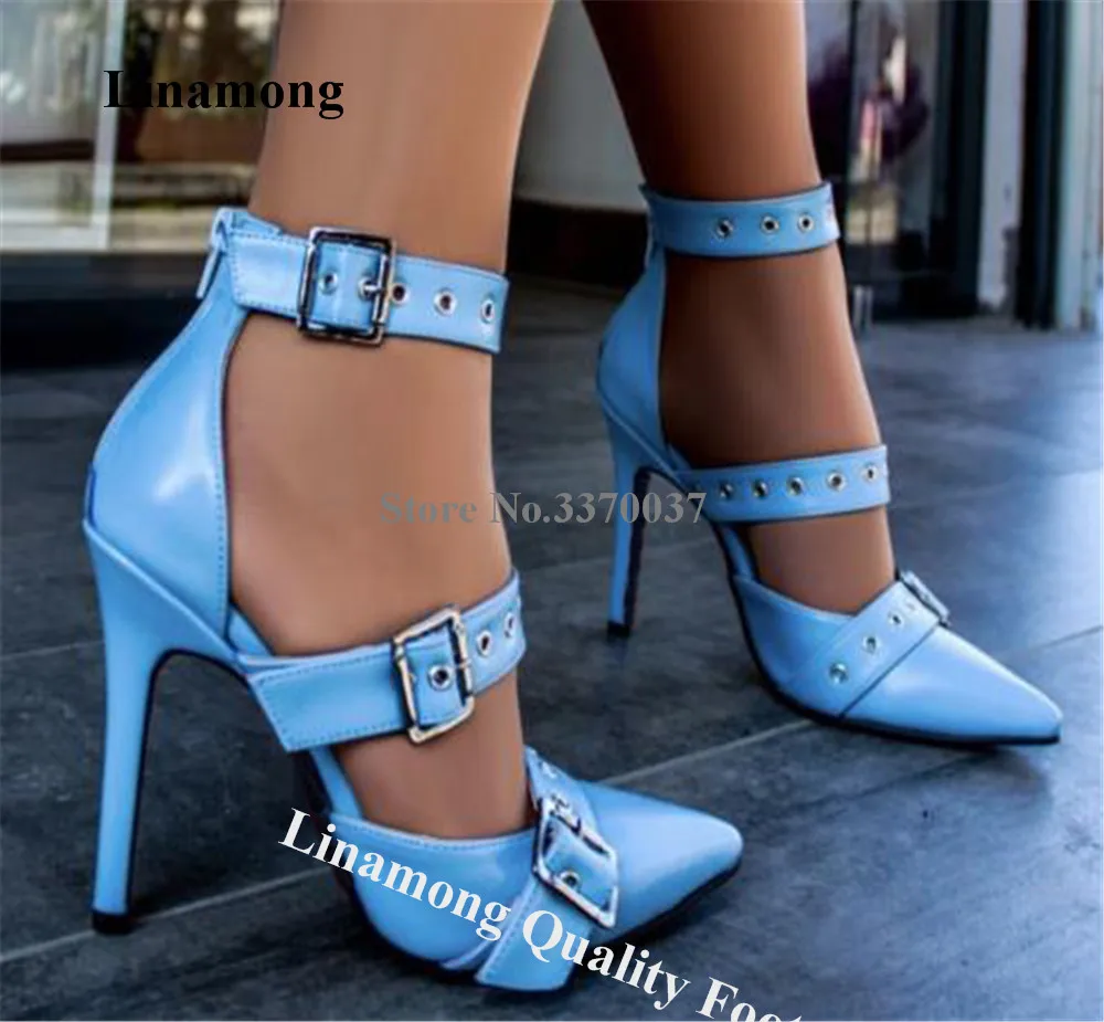 

Linamong Metal Buckles Straps Stiletto Heel Pumps Newest Pointed Toe Blue Pink Green Matte Leather Ankle Straps Thin Heel Shoes