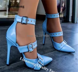 Linamong Metal Buckles Straps Stiletto Heel Pumps Newest Pointed Toe Blue Pink Green Matte Leather Ankle Straps Thin Heel Shoes