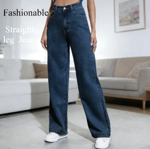 

Retro Loose Wide Leg Jeans Fashion Women Solid Straight Wash High Elastic Waist Denim Pants Casual Streetwear Pocket Trousers